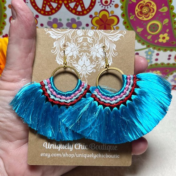 Med Fan Tassel Earrings Blue Hoops Smooth Shiny Silky Fringe Drop Dangles NWT - Picture 2 of 5